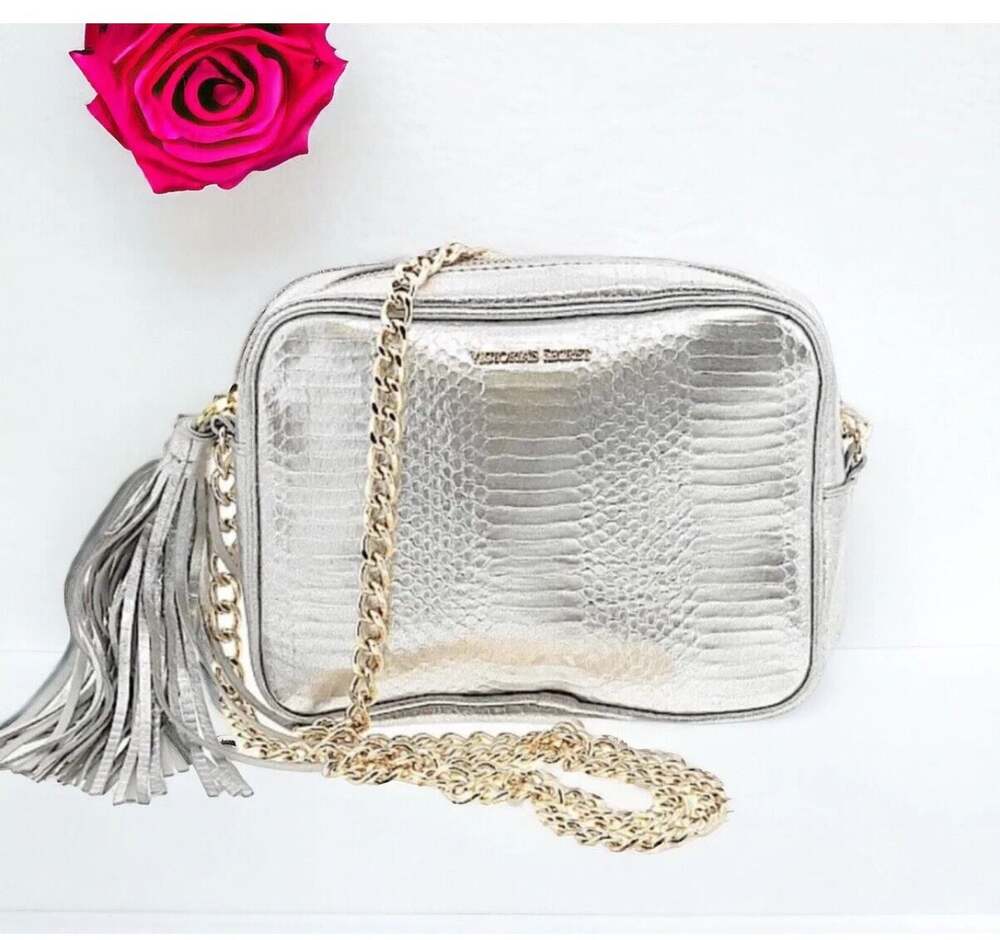 Victoria's Secret Silver Faux Leather Snake Crossbody Purse Gold Chain